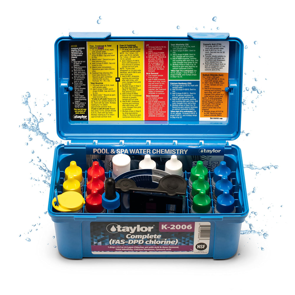 Taylor front packaging showing complete test kit for clear pool maintenance benefit