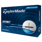 TaylorMade Distance + vista frontal del empaque mostrando la docena y beneficio de conveniencia