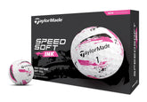TaylorMade SpeedSoft Ink front packaging showing dozen balls and benefit of easy storage