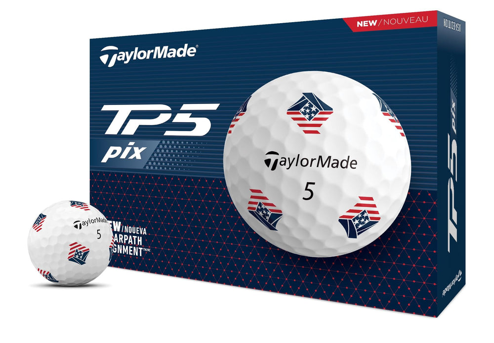 TaylorMade TP5 PIX 3.0 front packaging showing dozen and USA design benefit improved selection
