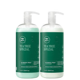 Tea Tree champú y acondicionador frontal 1 L mostrando empaques y beneficio de limpieza vigorizante