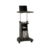 Techni Mobili front view of graphite rolling laptop cart showing compact footprint and storage