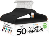 TechZoo front view of 50-pack black velvet hangers showing tidy storage benefit