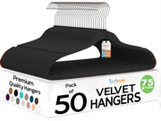 TechZoo front view of 50-pack black velvet hangers showing tidy storage benefit