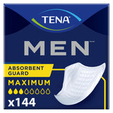 TENA Men frente del empaque mostrando caja y número de 144 unidades para almacenamiento