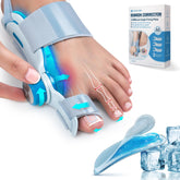 TENICORE front view of blue bunion corrector showing full kit and benefits