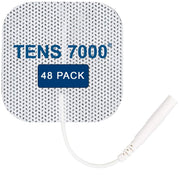TENS 7000 empaque frontal mostrando 48 almohadillas, beneficio: repuesto fiable