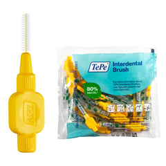 TePe vista frontal del pack de 25 cepillos, práctico para higiene interdental