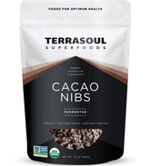 Terrasoul Superfoods paquete frontal de cacao nibs mostrando el sello orgánico y contenido