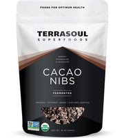 Terrasoul Superfoods paquete frontal de cacao nibs mostrando el sello orgánico y contenido