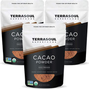 Terrasoul Superfoods empaque frontal del cacao en polvo, calidad orgánica evidente