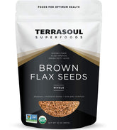 Terrasoul Superfoods empaque frontal de semillas de lino marrón mostrando cantidad y diseño