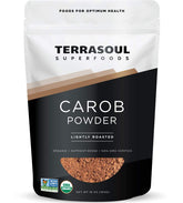 Terrasoul Superfoods paquete frontal mostrando polvo de algarroba y su presentación