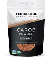 Terrasoul Superfoods paquete frontal mostrando polvo de algarroba y su presentación