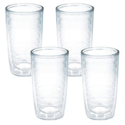 Tervis vaso paquete frontal mostrando cuatro vasos claros y beneficios de aislamiento