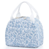 TESAFNG vista frontal de la lonchera corduroy azul con flores mostrando cierre y asas