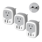 TESSAN adaptador frontal del pack de 3 mostrando toma y puertos USB, práctico para viajes