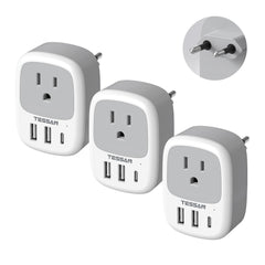 TESSAN adaptador frontal del pack de 3 mostrando toma y puertos USB, práctico para viajes