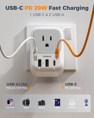 TESSAN detailed view of USB-C 20W and two USB-A ports offering fast charging