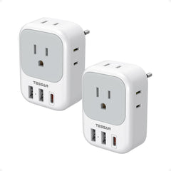 TESSAN adapter front view showing outlets and USB ports, easy multi-device charging