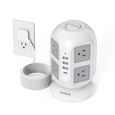 TESSAN torre frontal mostrando 8 enchufes y 4 puertos USB, organiza dispositivos