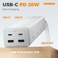 TESSAN primer plano de puertos USB-C y USB-A que permite carga rápida de móviles y tabletas