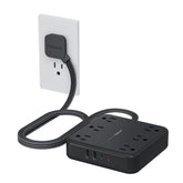 TESSAN regleta frontal mostrando seis tomas AC y cuatro puertos USB, organizada y compacta