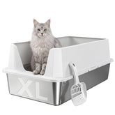Tevila front view showing extra large litter box and enclosure, keeps floors clean
