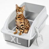 Tevila front view of XL stainless steel litter box shows roomy interior and contained design benefit