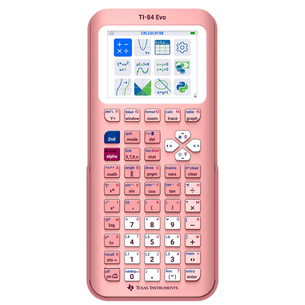 Texas Instruments TI-84 Evo front view in pink showing clear display and durability