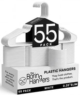 The Boring Hangers front pack showing 55 white hangers and clean storage