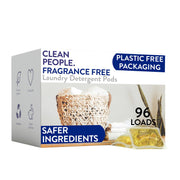 The Clean People front packaging showing recyclable box and 96 count benefiting storage