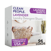 THE CLEAN PEOPLE front packaging showing 96 lavender detergent sheets and recyclable box benefit