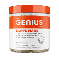The Genius Brand frasco delantero con etiqueta clara y beneficios visibles
