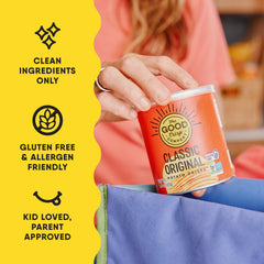 The Good Crisp Company open mini can with visible chips offering fresh crunch benefit