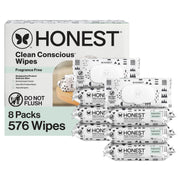 The Honest Company paquete frontal mostrando 576 toallitas y beneficio de gran cantidad