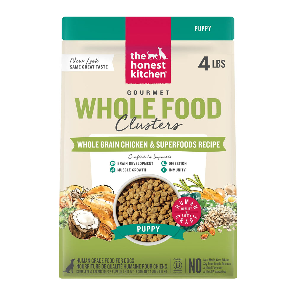 The Honest Kitchen paquete frontal mostrando 4 lb y beneficios de ingredientes humanos
