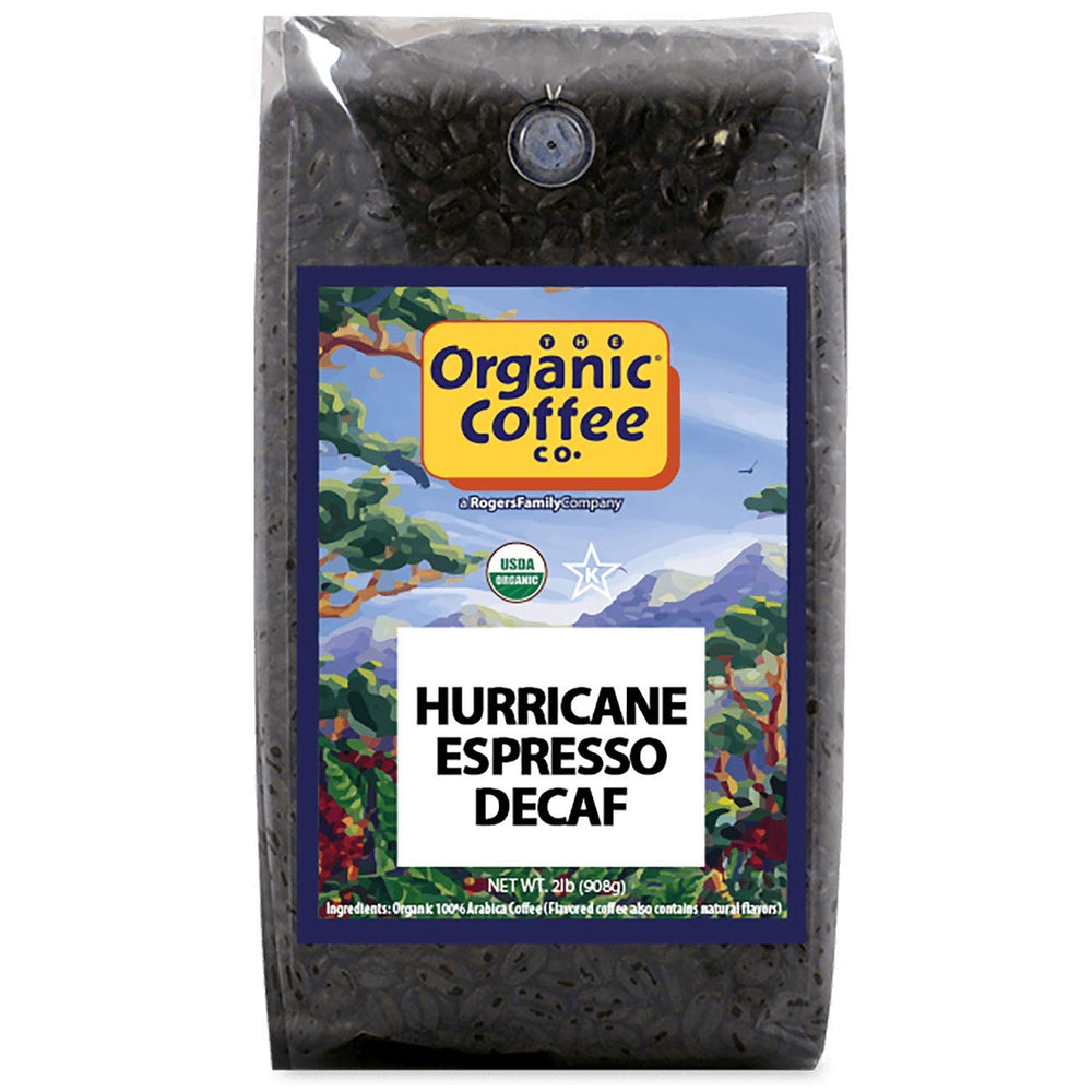 The Organic Coffee Co. DECAF front packaging showing 2 lb bag and roast label for shelf appeal