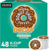 The Original Donut Shop front packaging shows 48-count decaf pods for convenience