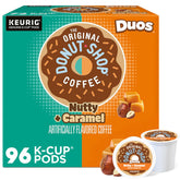 The Original Donut Shop box front showing Duos Nutty and Caramel, easy grab-and-brew
