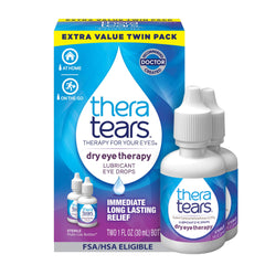 TheraTears pack frontal mostrando dos frascos y beneficio de alivio inmediato
