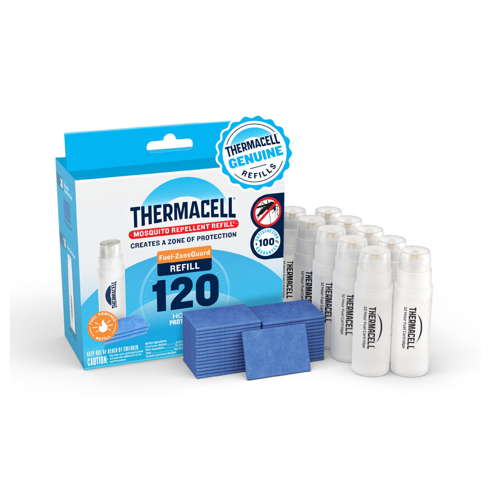 Thermacell empaque frontal mostrando 30 almohadillas y 10 cartuchos, conveniencia