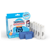 Thermacell empaque frontal mostrando 30 almohadillas y 10 cartuchos, conveniencia