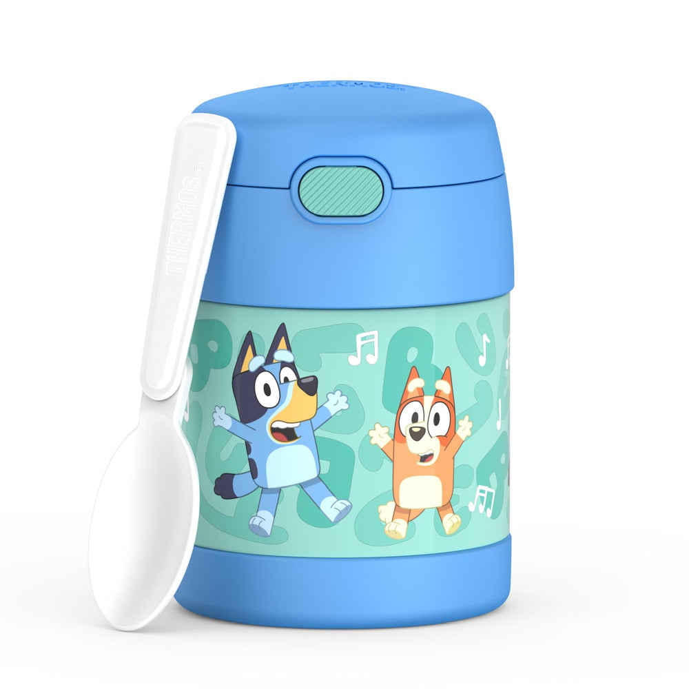 THERMOS FUNtainer vista frontal del envase azul mostrando etiqueta y diseño resistente