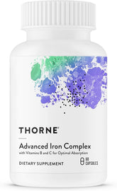 THORNE front packaging showing the Advanced Iron Complex bottle and benefits