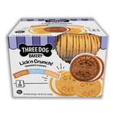 Three Dog Bakery frente del paquete mostrando los tres sabores y cierre resellable
