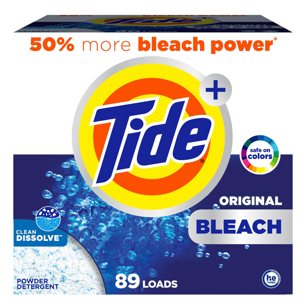 Tide envase frontal 129 oz mostrando cantidad y diseño, limpieza duradera