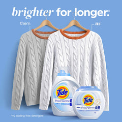 Botella Tide Free & Gentle junto a una lavadora en uso para lavado seguro en cualquier máquina