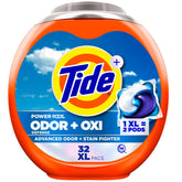 Tide embalaje frontal mostrando 32 cápsulas y beneficio de limpieza potente