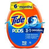 Tide embalaje frontal mostrando 112 unidades y beneficio conveniencia